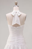 Blauwe halter bodycon gelaagde gerimpelde homecomingjurk met 3D-bloem