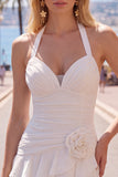 Blauwe halter bodycon gelaagde gerimpelde homecomingjurk met 3D-bloem
