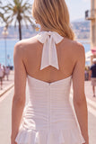 Blauwe halter bodycon gelaagde gerimpelde homecomingjurk met 3D-bloem