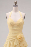 Blauwe halter bodycon gelaagde gerimpelde homecomingjurk met 3D-bloem