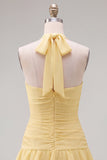 Blauwe halter bodycon gelaagde gerimpelde homecomingjurk met 3D-bloem