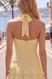 Blauwe halter bodycon gelaagde gerimpelde homecomingjurk met 3D-bloem