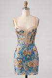 Blauwe Bloem Bodycon Korsetten Pailletten Kant Op de rug Spaghetti Bandjes Korte Homecoming Jurk