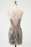 Blauwe Bloem Bodycon Korsetten Pailletten Kant Op de rug Spaghetti Bandjes Korte Homecoming Jurk