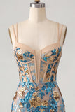 Blauwe Bloem Bodycon Korsetten Pailletten Kant Op de rug Spaghetti Bandjes Korte Homecoming Jurk