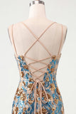 Blauwe Bloem Bodycon Korsetten Pailletten Kant Op de rug Spaghetti Bandjes Korte Homecoming Jurk
