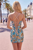Blauwe Bloem Bodycon Korsetten Pailletten Kant Op de rug Spaghetti Bandjes Korte Homecoming Jurk