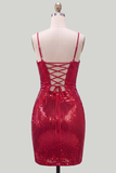 Glinsterende rode spaghettibandjes Bodycon pailletten Korte homecomingjurk met kant op de rug