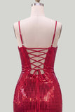 Glinsterende rode spaghettibandjes Bodycon pailletten Korte homecomingjurk met kant op de rug