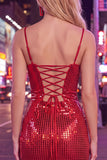 Glinsterende rode spaghettibandjes Bodycon pailletten Korte homecomingjurk met kant op de rug