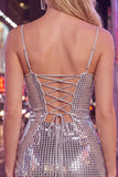 Glinsterende rode spaghettibandjes Bodycon pailletten Korte homecomingjurk met kant op de rug