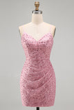 Dusty Rose Bodycon gerimpelde veter op de rug spaghettibandjes korte homecomingjurk met kralen