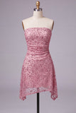 Strapless Dusty Rose Bodycon gerimpelde korte homecomingjurk met kralen