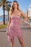 Strapless Dusty Rose Bodycon gerimpelde korte homecomingjurk met kralen