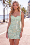 Groene Floral Bodycon Pailletten Dikke Bandjes Korte Homecoming Jurk