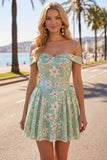Off the shoulder A-lijn groene bloemenpailletten korte homecomingjurk met veter op de rug