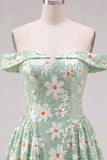 Off the shoulder A-lijn groene bloemenpailletten korte homecomingjurk met veter op de rug