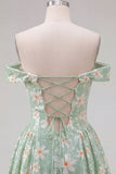 Off the shoulder A-lijn groene bloemenpailletten korte homecomingjurk met veter op de rug