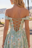 Off the shoulder A-lijn groene bloemenpailletten korte homecomingjurk met veter op de rug