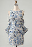 Rozegroene Jacquard Bodycon Bateau hals bloemen homecoming jurk met grote strik