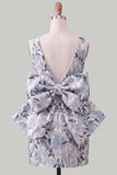 Rozegroene Jacquard Bodycon Bateau hals bloemen homecoming jurk met grote strik