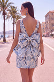 Rozegroene Jacquard Bodycon Bateau hals bloemen homecoming jurk met grote strik