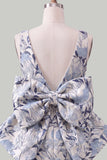 Rozegroene Jacquard Bodycon Bateau hals bloemen homecoming jurk met grote strik
