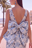 Rozegroene Jacquard Bodycon Bateau hals bloemen homecoming jurk met grote strik