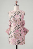 Rozegroene Jacquard Bodycon Bateau hals bloemen homecoming jurk met grote strik