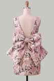 Rozegroene Jacquard Bodycon Bateau hals bloemen homecoming jurk met grote strik