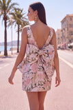 Rozegroene Jacquard Bodycon Bateau hals bloemen homecoming jurk met grote strik