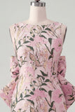 Rozegroene Jacquard Bodycon Bateau hals bloemen homecoming jurk met grote strik