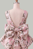 Rozegroene Jacquard Bodycon Bateau hals bloemen homecoming jurk met grote strik