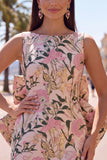 Rozegroene Jacquard Bodycon Bateau hals bloemen homecoming jurk met grote strik
