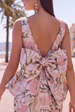 Rozegroene Jacquard Bodycon Bateau hals bloemen homecoming jurk met grote strik