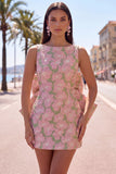 Rozegroene Jacquard Bodycon Bateau hals bloemen homecoming jurk met grote strik