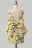 Rozegroene Jacquard Bodycon Bateau hals bloemen homecoming jurk met grote strik