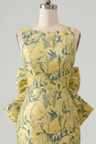 Rozegroene Jacquard Bodycon Bateau hals bloemen homecoming jurk met grote strik
