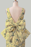 Rozegroene Jacquard Bodycon Bateau hals bloemen homecoming jurk met grote strik