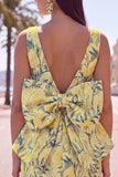 Rozegroene Jacquard Bodycon Bateau hals bloemen homecoming jurk met grote strik