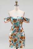 Glitterblauwe bloem met off-shoulder bodycon pailletten korte homecomingjurk