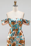 Glitterblauwe bloem met off-shoulder bodycon pailletten korte homecomingjurk