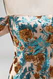 Glitterblauwe bloem met off-shoulder bodycon pailletten korte homecomingjurk