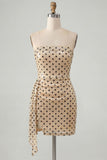 Strapless champagne zwarte stip bodycon pailletten korte homecomingjurk met sjerp