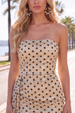 Strapless champagne zwarte stip bodycon pailletten korte homecomingjurk met sjerp