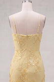 Gele Bodycon gerimpelde spaghettibandjes bloemenborduursel Homecoming Dress