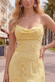 Gele Bodycon gerimpelde spaghettibandjes bloemenborduursel Homecoming Dress