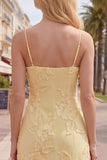Gele Bodycon gerimpelde spaghettibandjes bloemenborduursel Homecoming Dress