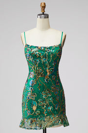 Donkergroene bodycon Bloemen Ritcheerige Korte Homecoming Jurk met kant op de rug