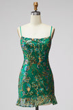 Donkergroene bodycon Bloemen Ritcheerige Korte Homecoming Jurk met kant op de rug